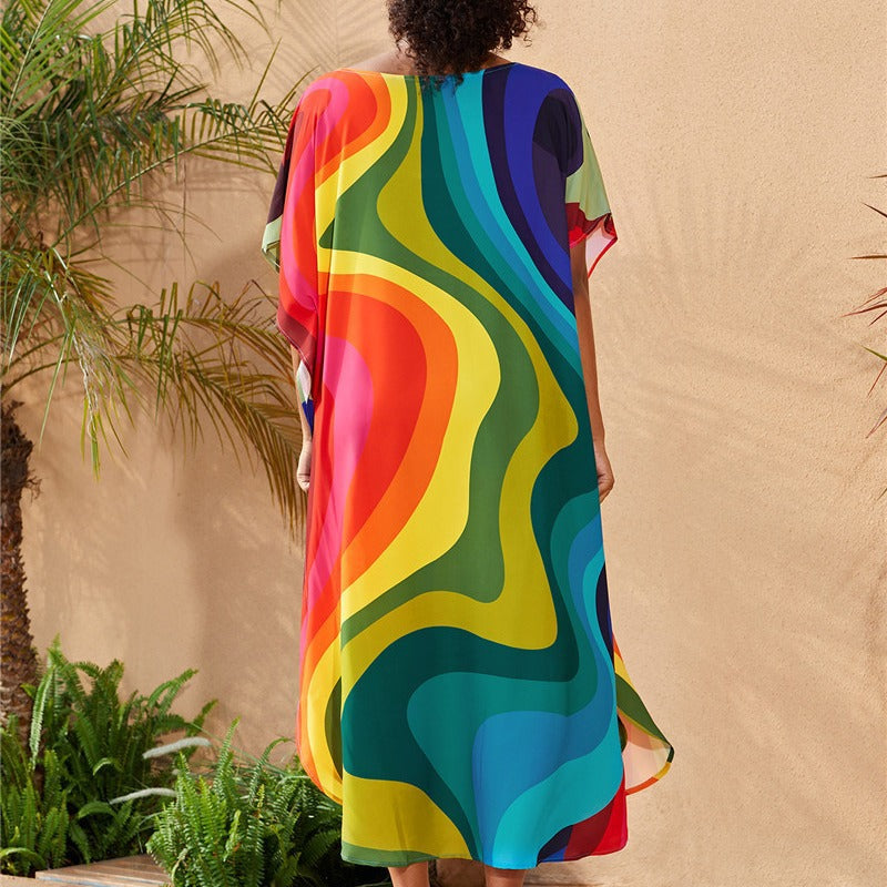 Dame afslappet strandfrakke med kunstnerisk grafisk mønster og generøs snit Stilla