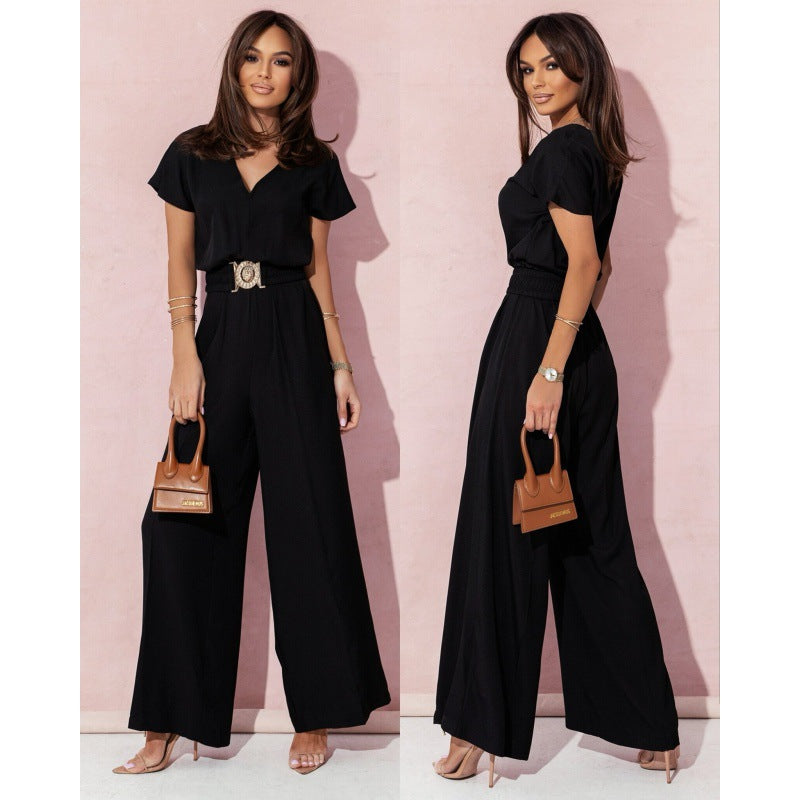 Dame Stylish bredskåret jumpsuit med bælte og V-hals Stilla