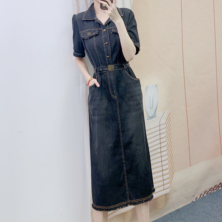 Dame Denim Kjole med taljerbar bælte og elegante lommer Stilla