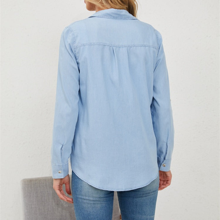 Dame Denim Skjortebluse med brystlommer og casual pasform Stilla