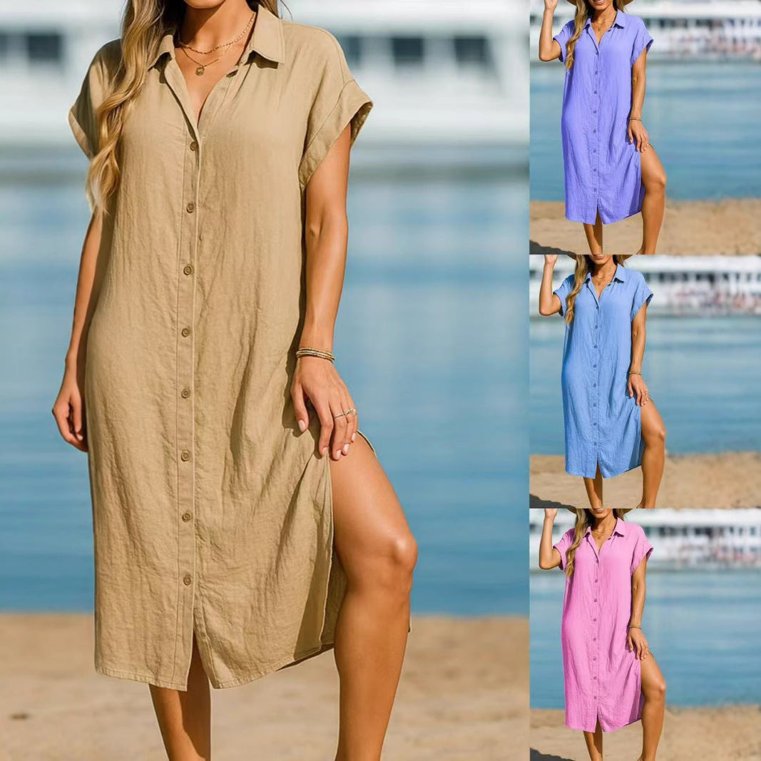 Dame afslappet kortærmet skjortekjole med knapliste og sidelæg Stilla