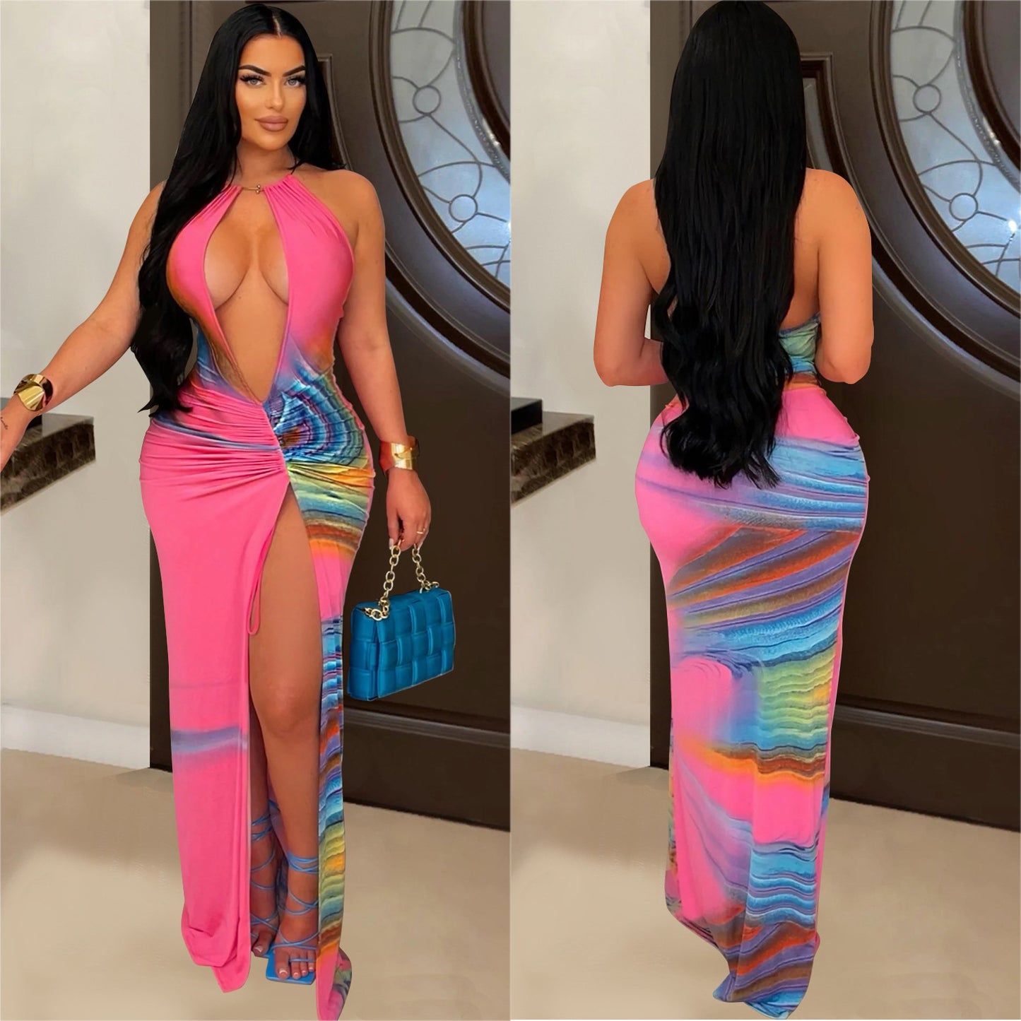 Dame Eksklusiv Cut-Out Maxikjole med dyb U-udskæring og sidefold Stilla