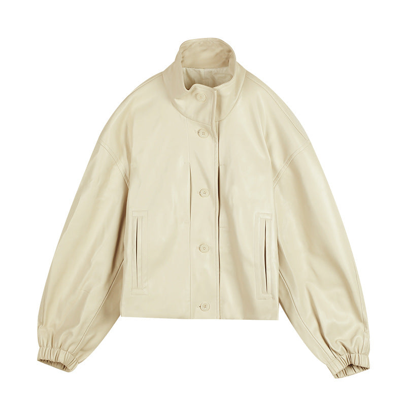 Dame afslappet kunstlæderjakke med høj krave og praktiske lommer Stilla