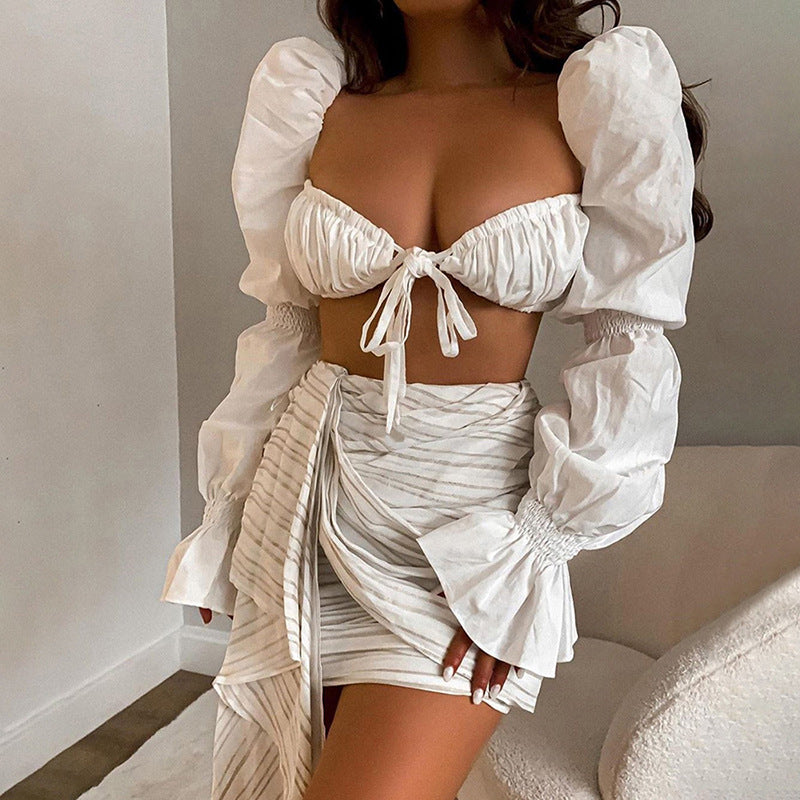 Dame Cropped Bluse med Puffærmer og Rynk Stilla