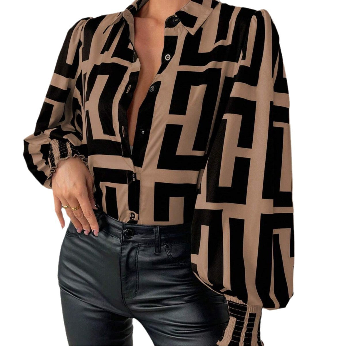 Dame Elegant Bluse med voluminøse ærmer og geometrisk mønster Stilla