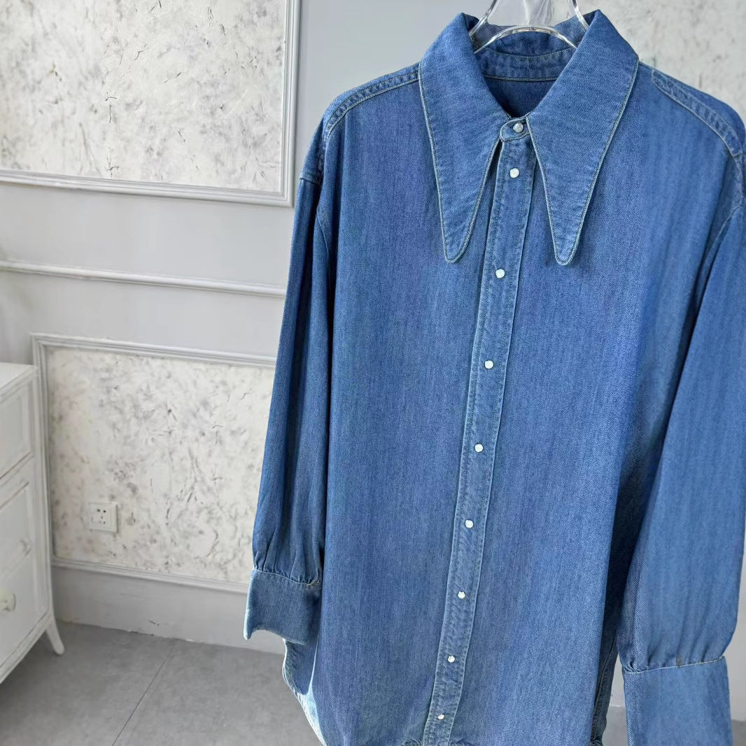 Dame Denim Bluse med klassisk krave og oversized pasform Stilla