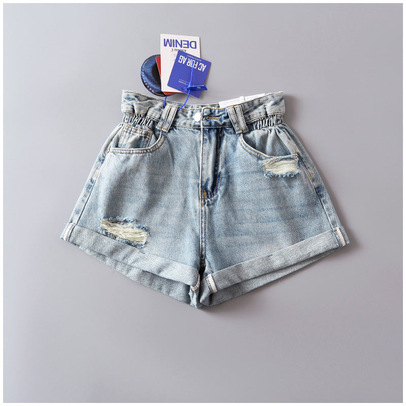 Dame Denim-shorts med frynset detaljer og elastisk talje Stilla