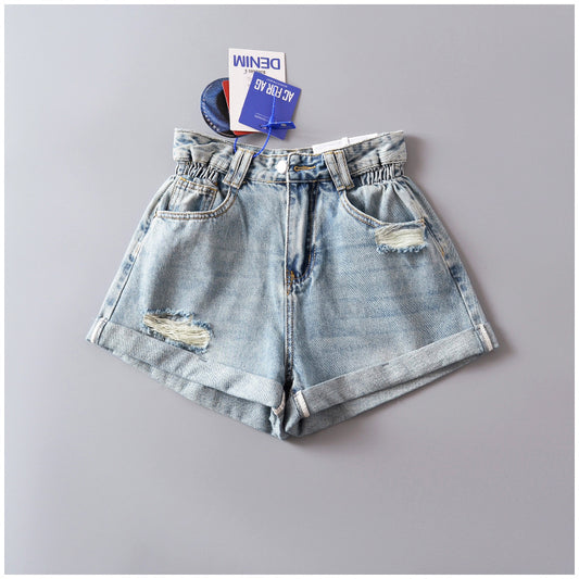 Dame Denim-shorts med frynset detaljer og elastisk talje Stilla
