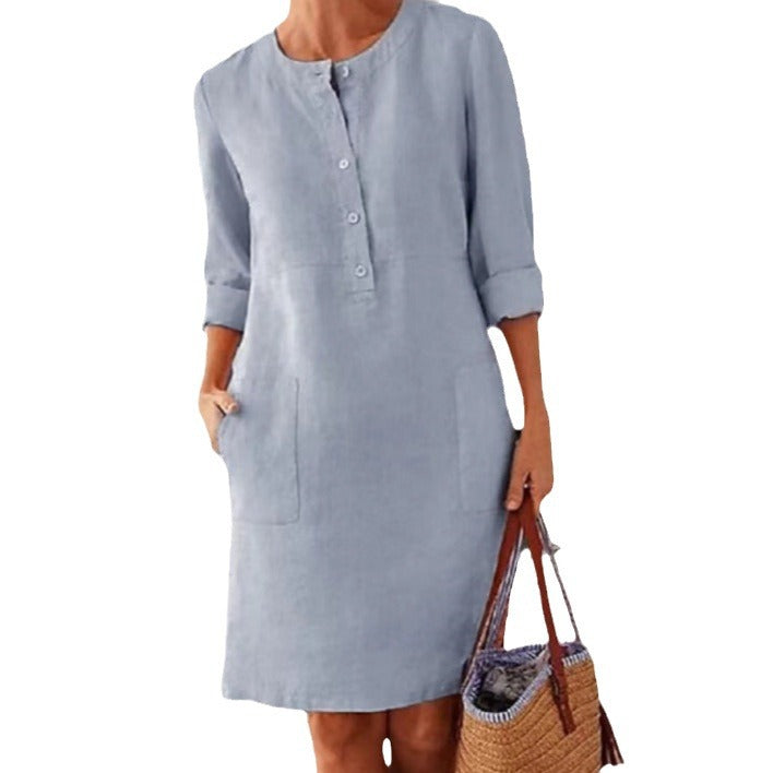 Dame afslappet linnedragt med knaplukning og praktiske lommer Stilla