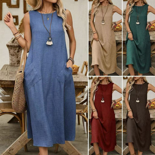 Dame afslappet maxikjole med praktiske lommer og rynket snit Stilla