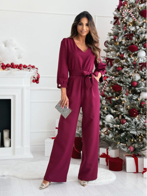 Dame Elegant V-hals Jumpsuit med bindebælte Stilla