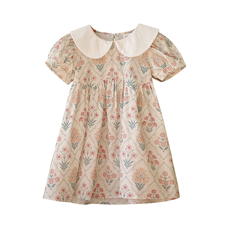 Pige Floral Print Kortærmet Kjole med Peter Pan Krave Stilla