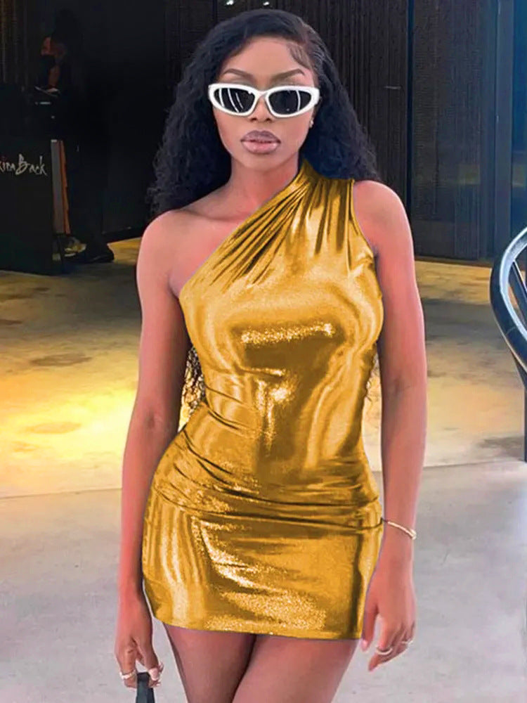 Dame Ein-skulder Metallic Bodycon Kjole Stilla