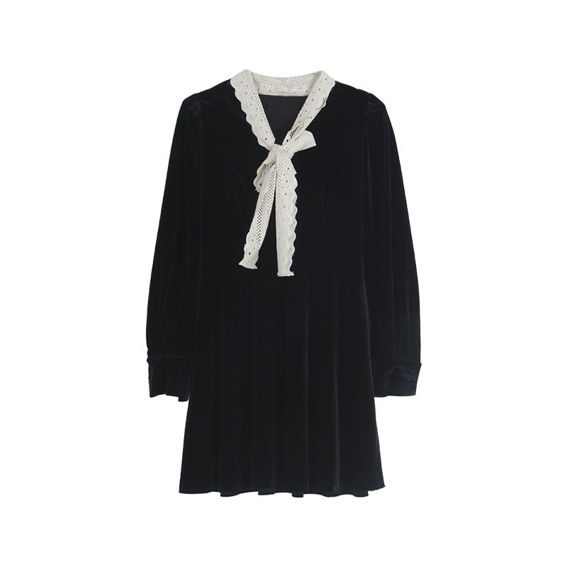 Dame elegant A-linie kjole i velour med dekorativt bindebælte og lange ærmer Stilla