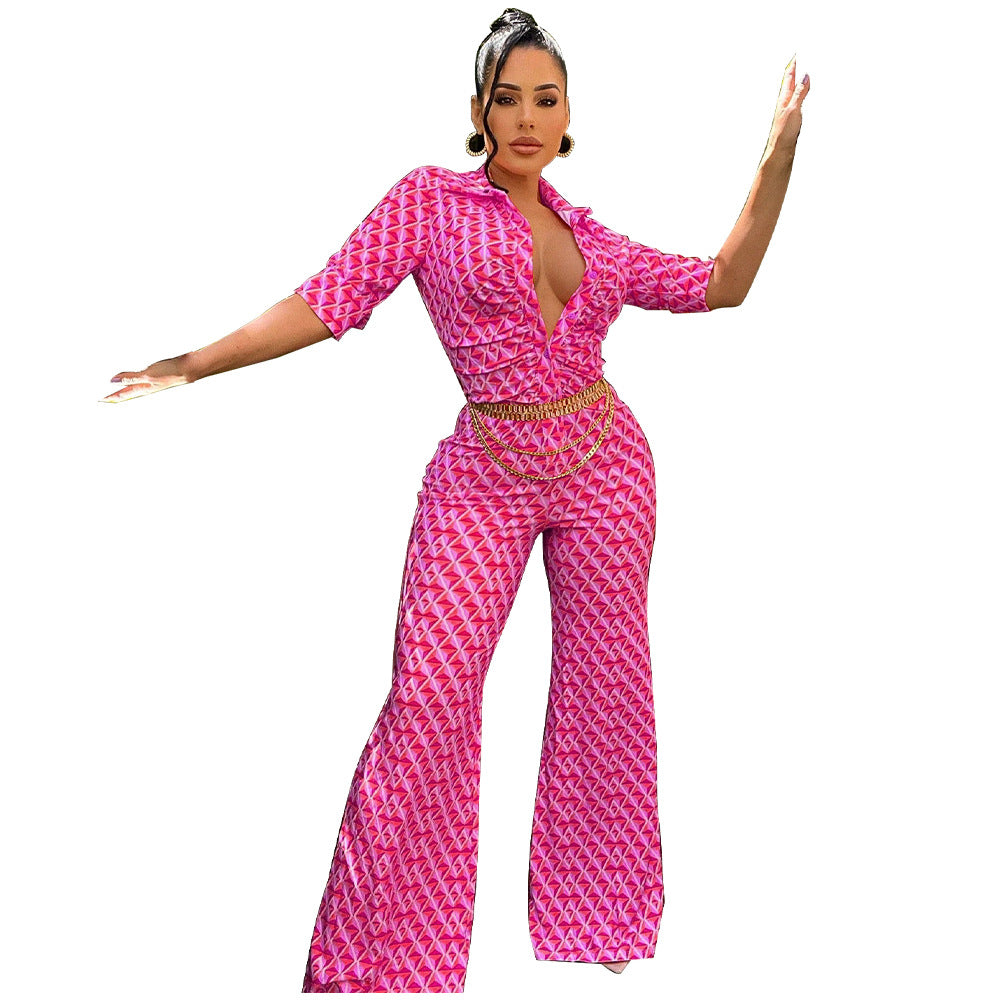 Dame jumpsuit med geometrisk design og smart taljebælte Stilla