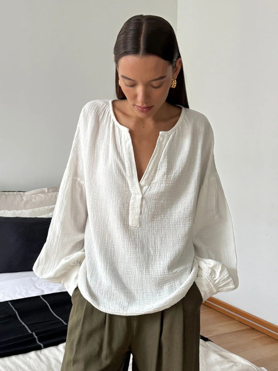 Dame afslappet langærmet bluse med halv-høj krave lavet af let bomuldsstof Stilla