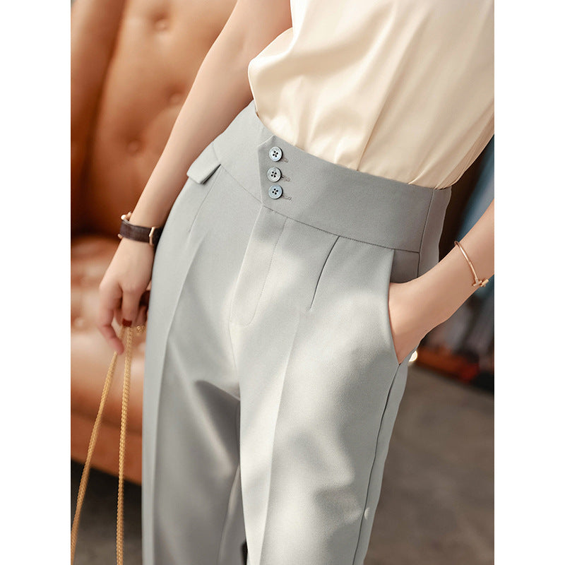 Dame elegant høj talje bukser med knapdetaljer og smal benform Stilla
