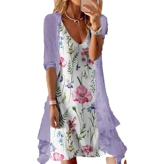 Dame sommerkjole med blomsterdesign og smart cardigan Stilla
