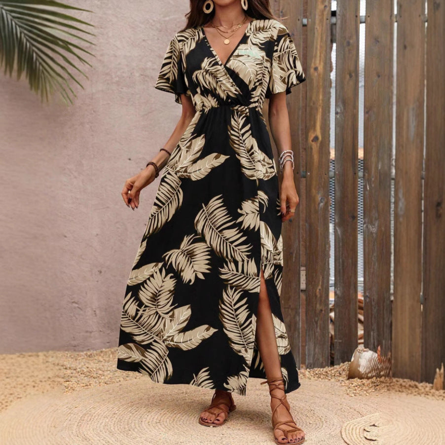 Dame afslappet Maxi Kjole med tropisk bladmønster Stilla