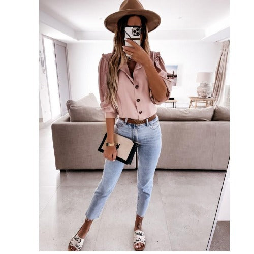 Dame Elegant Knap-up Bluse med Pufærmer Stilla