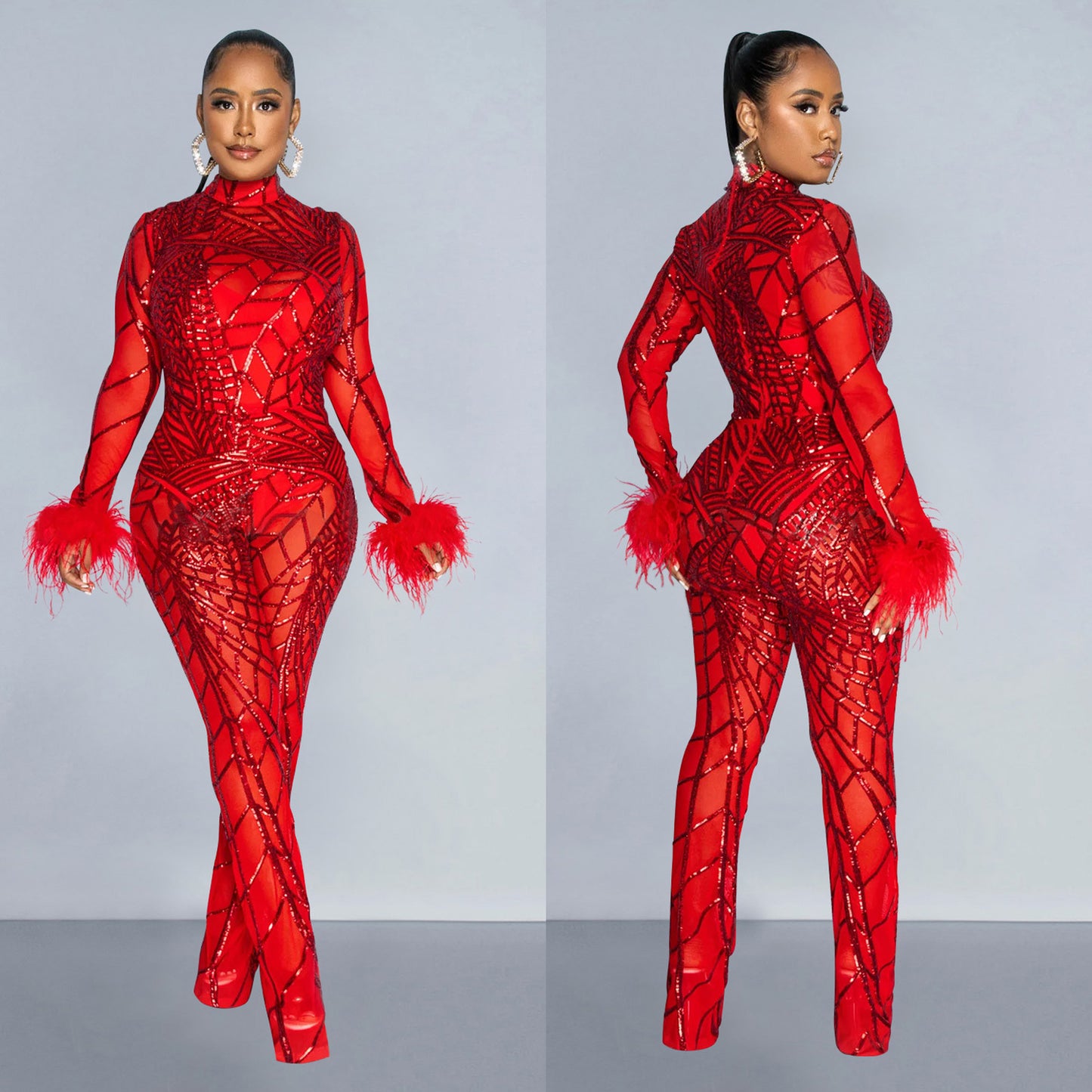 Dame Elegant Jumpsuit med gennemsigtigt overmateriale og glamourøse strassdetaljer Stilla
