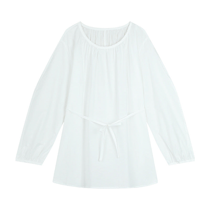 Dame afslappet langærmet overdel med dekorativt bælte og løs pasform Stilla