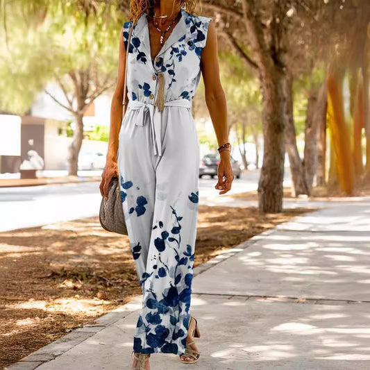 Dame Floral Tryk ærmeløs Jumpsuit med justerbar talje Stilla