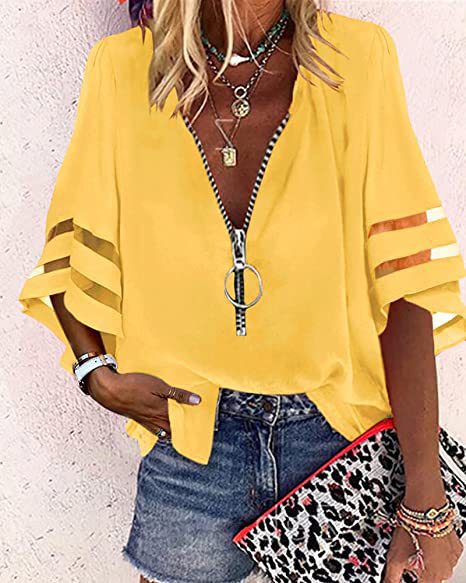 Dame afslappet bluse med justerbar lynlås og gennemsigtige ærmer Stilla