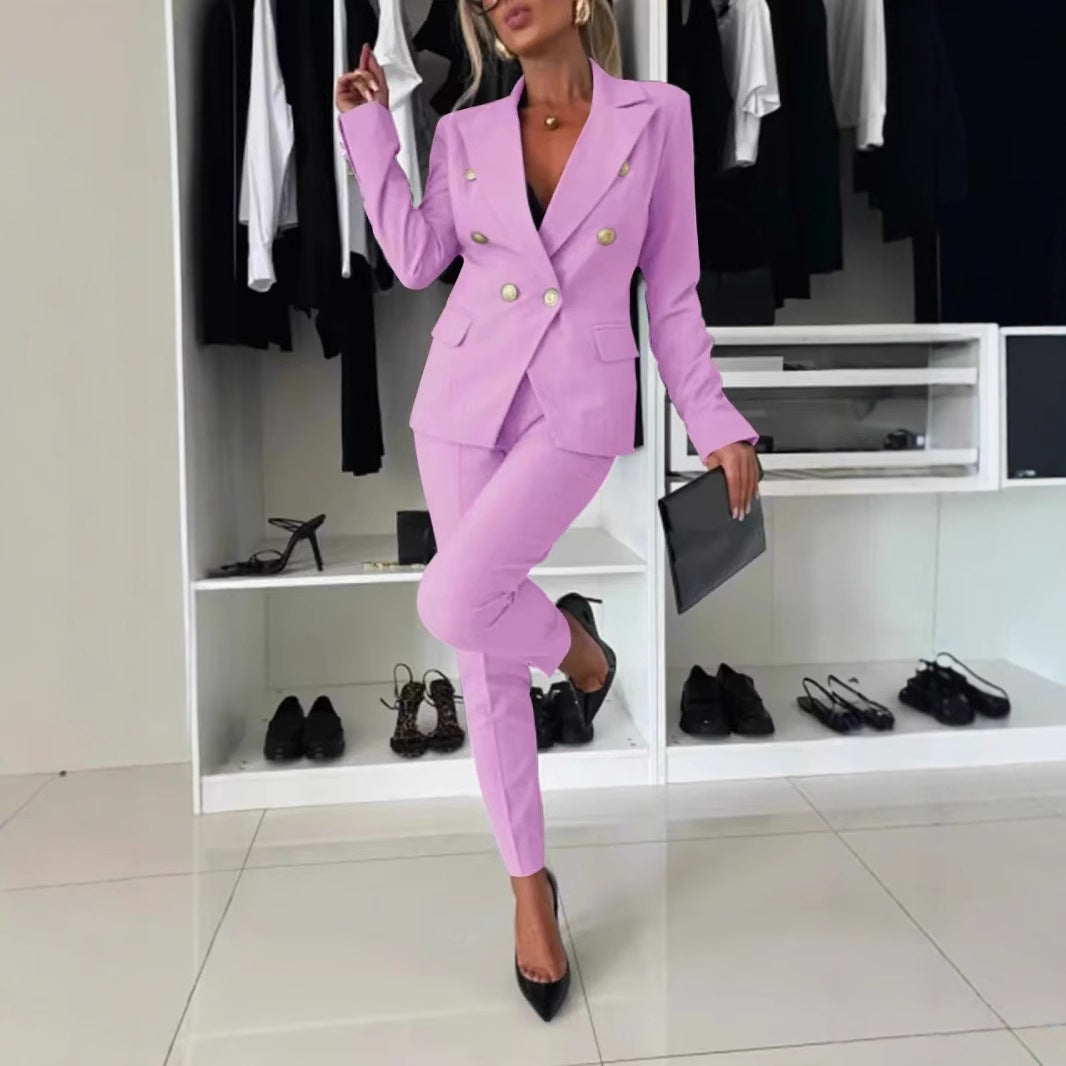 Dame elegant figursyet to-delt sæt med dobbelt knaplukning og fashionable detaljer Stilla