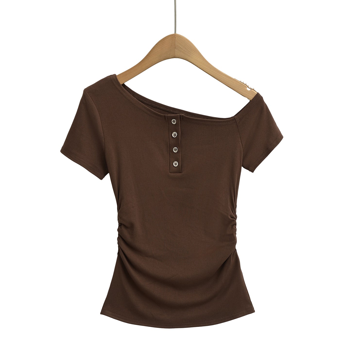 Dame afslappet kortærmet skjorte med asymmetrisk udskæring og knapliste Stilla