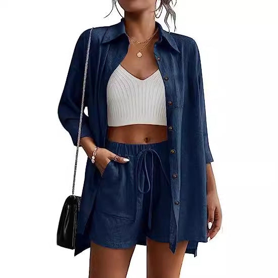 Dame afslappet linned sæt med korte bukser og skjorte Stilla