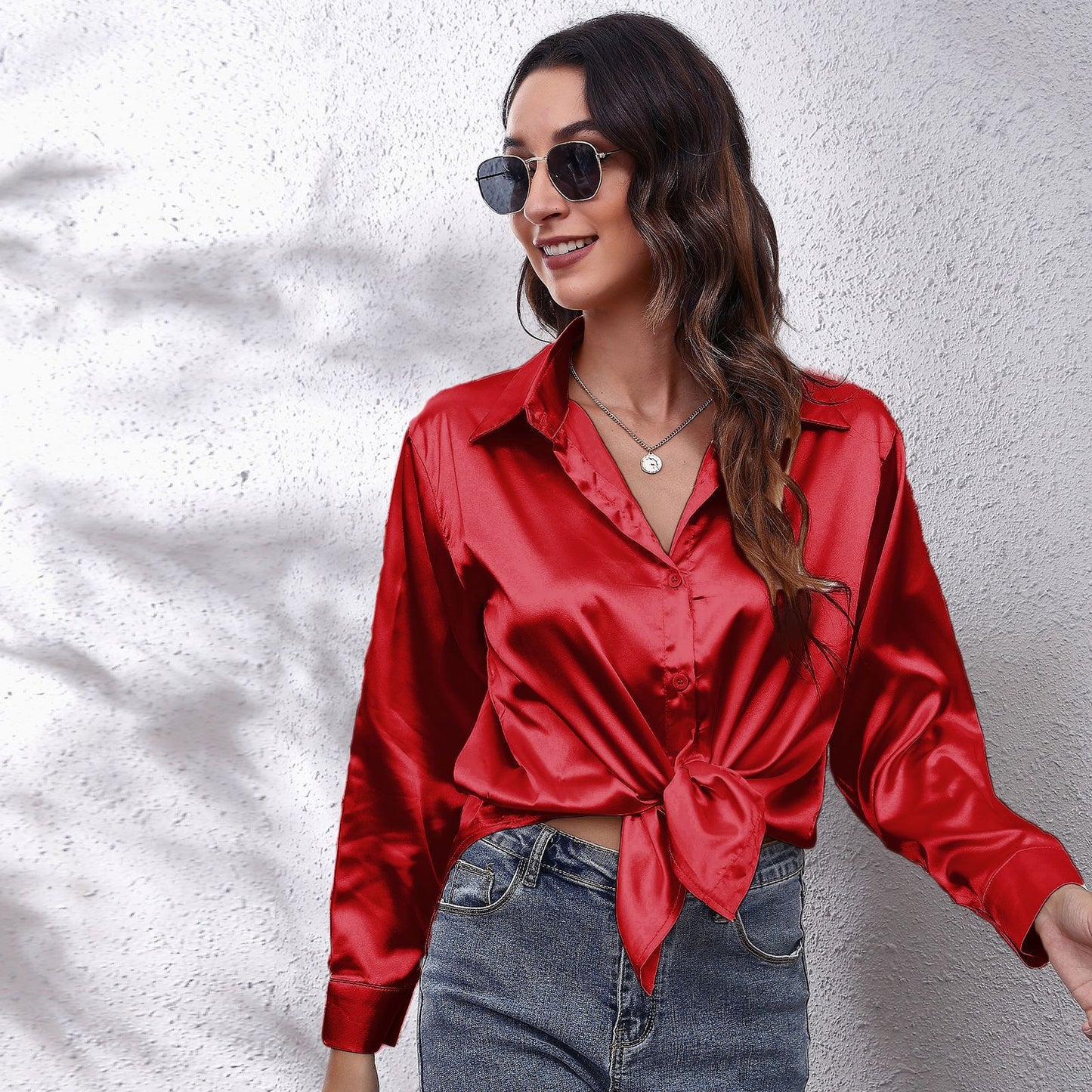 Dame Satin Bluse med Knote Lukning Stilla