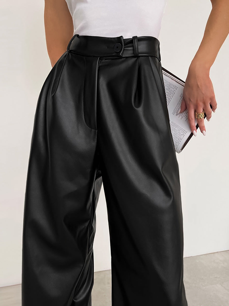Dame Elegant Høj Talje Kunstlæderbukser med Bred Ben og Bælte Stilla