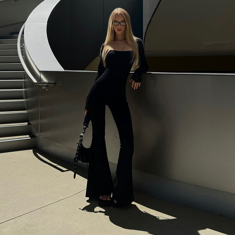 Dame Elegant og figursyet jumpsuit med lange ærmer og bred ben Stilla