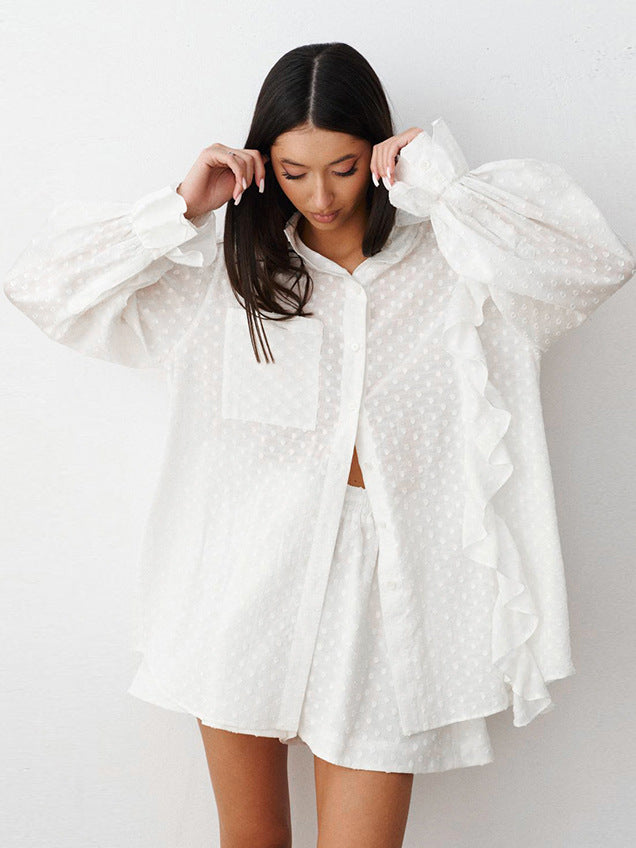 Dame afslappet skjortekjole sæt med flæsedetaljer og transparent stof Stilla