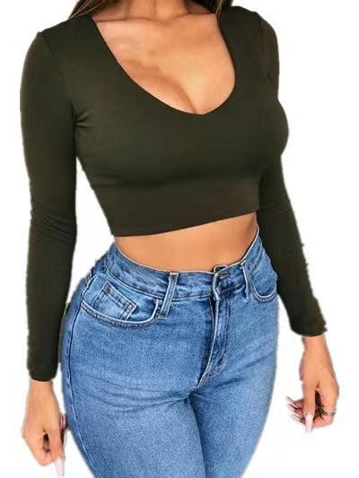 Dame Cropped Langærmet T-shirt med V-hals Stilla