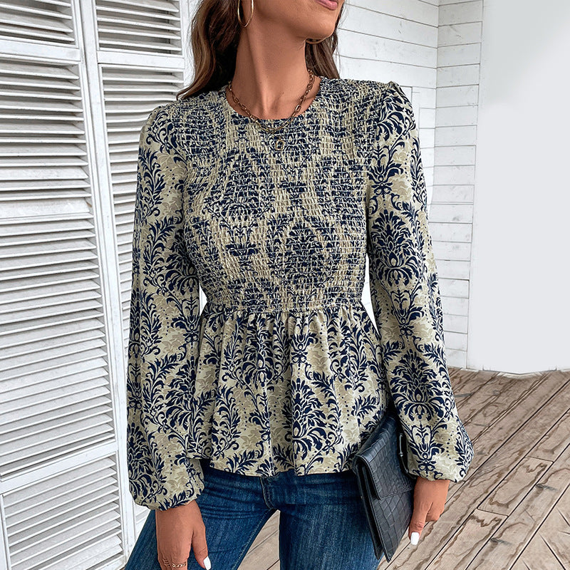 Dame Elegant Bluse med raffineret Floral-Design og Puffærmer Stilla