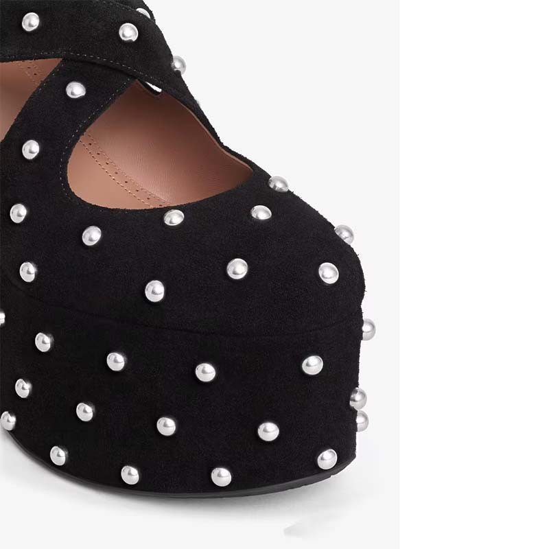 Femme Plattform Mary Jane Wedge-Heels med perleaccentuer Stilla
