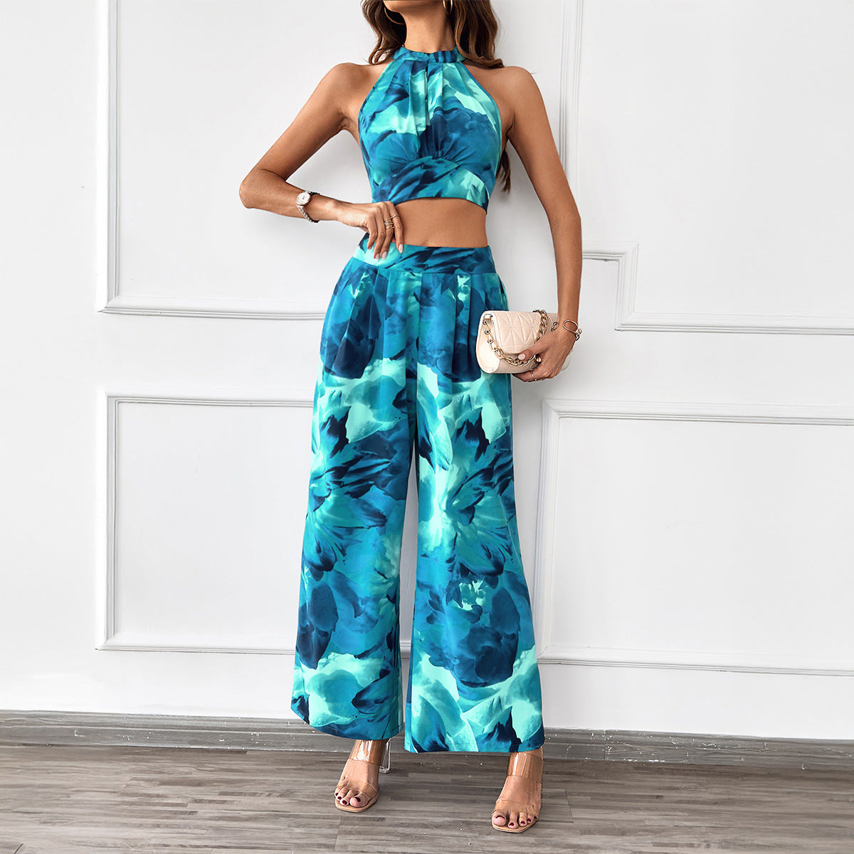 Dame Crop-top og løst skåret bukse sæt med blomstret design og høj halsudskæring Stilla