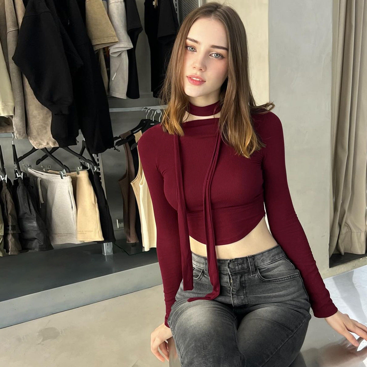 Dame Elegant Cropped-Top med flot bindebånd og lange ærmer Stilla