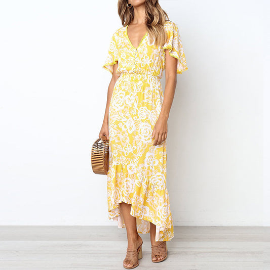 Dame Floral Print Maxi Kjole med Rynkebund Stilla
