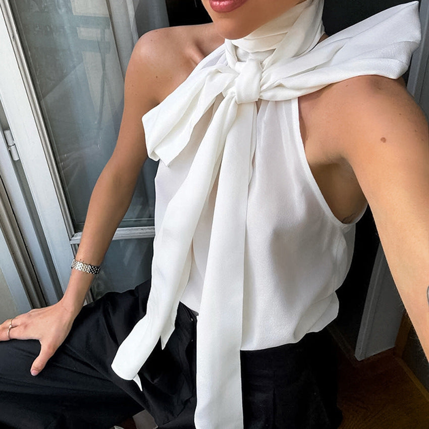 Dame elegant bluse med justerbar sjalkrave og asymmetrisk snit Stilla