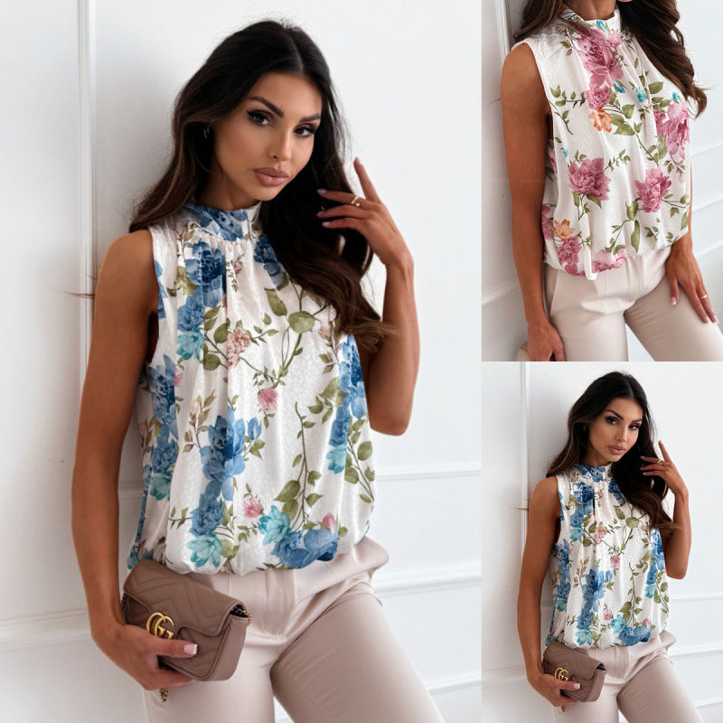 Dame elegant bluse med floral design og rynke-lignende krave Stilla
