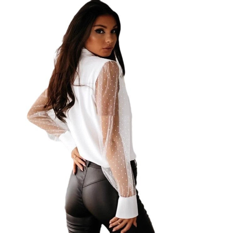 Dame Elegant Bluse med transparente ærmer og bue-detalje Stilla