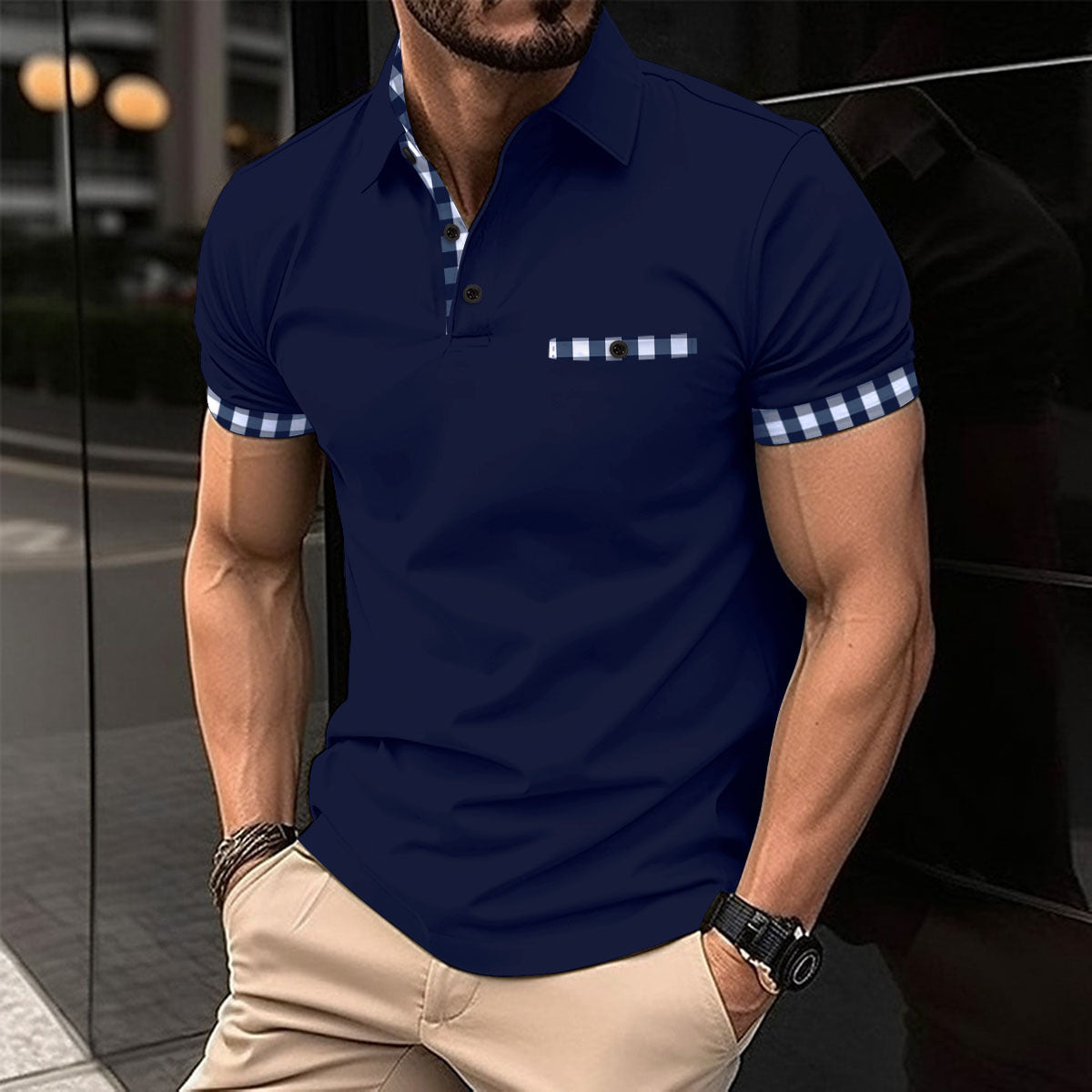 Herrer Poloshirt med stilfulde ternede detaljer og innovativ krave Stilla