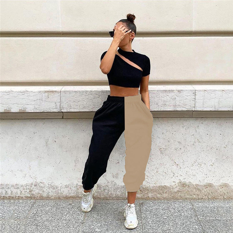 Dame Cut-Out Crop Top og Color-Block Joggingbukser Sæt Stilla
