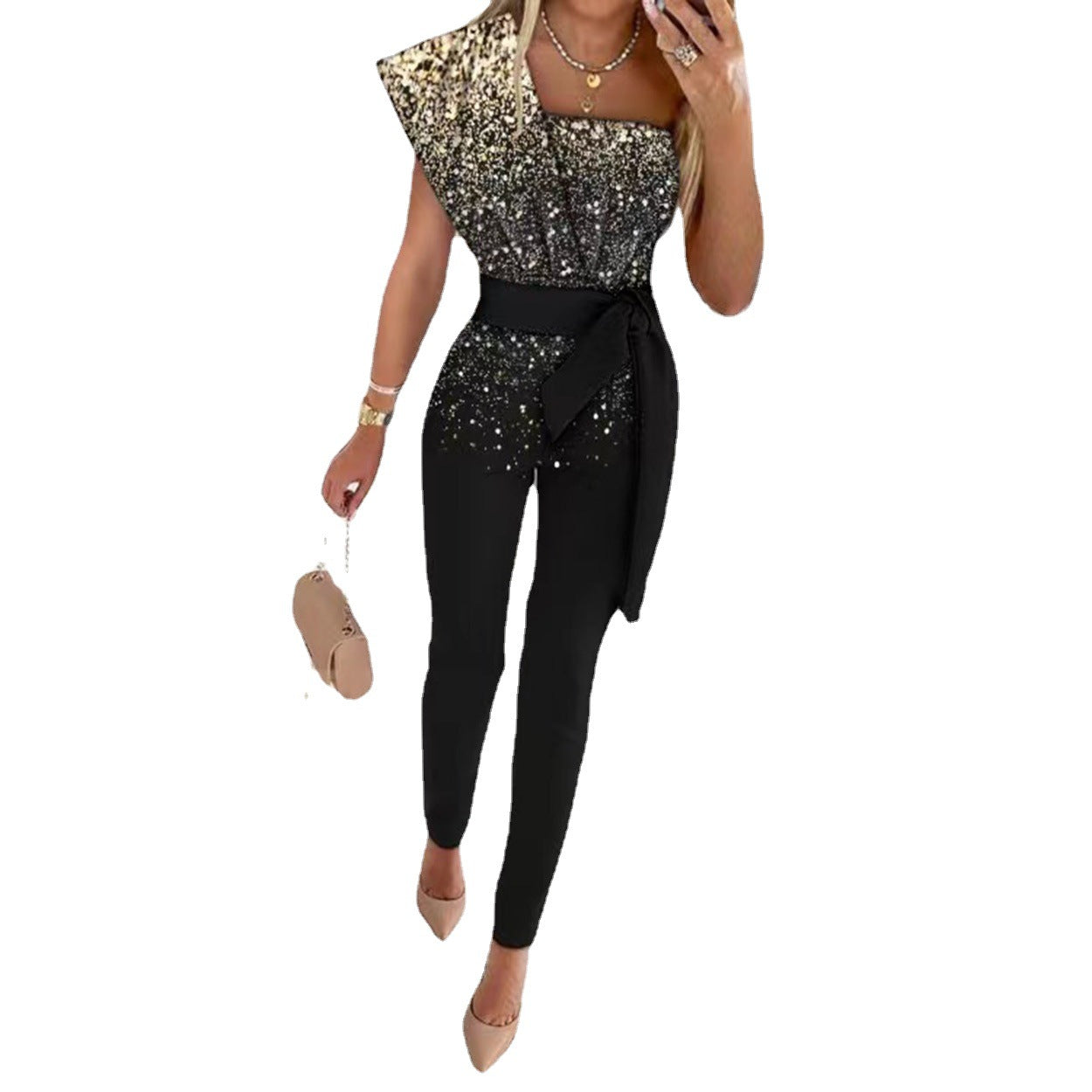 Dame elegant jumpsuit med asymmetrisk snit og glitrende overdel Stilla