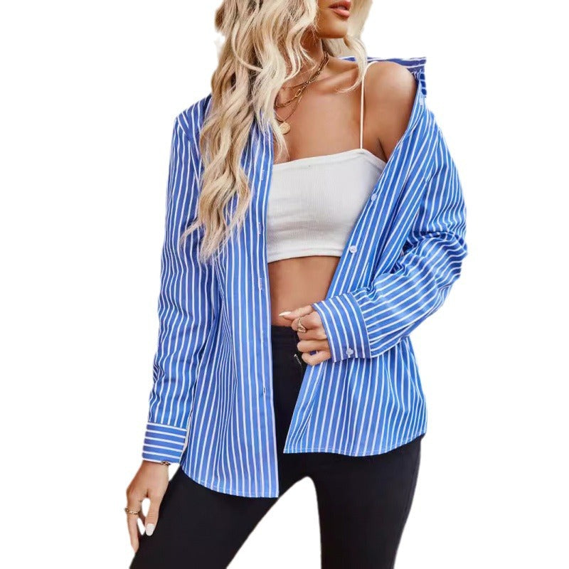 Dame designer mode stribet bluse med lange ærmer Stilla