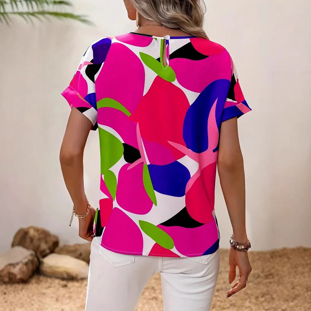 Dame afslappet kortærmet skjorte med farverigt blomstermønster Stilla