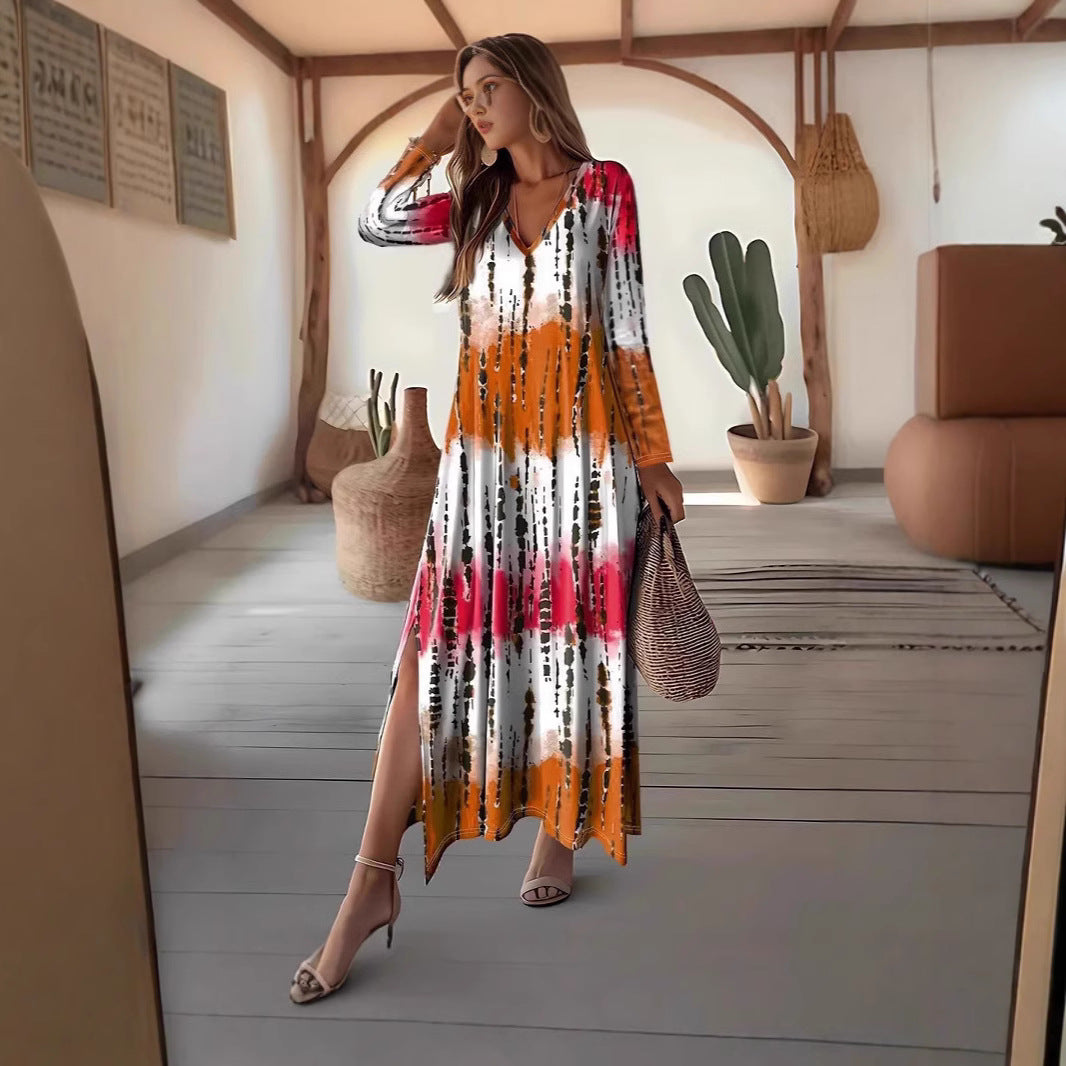 Dame afslappet maxikjole med V-udskæring og sidelængde Stilla